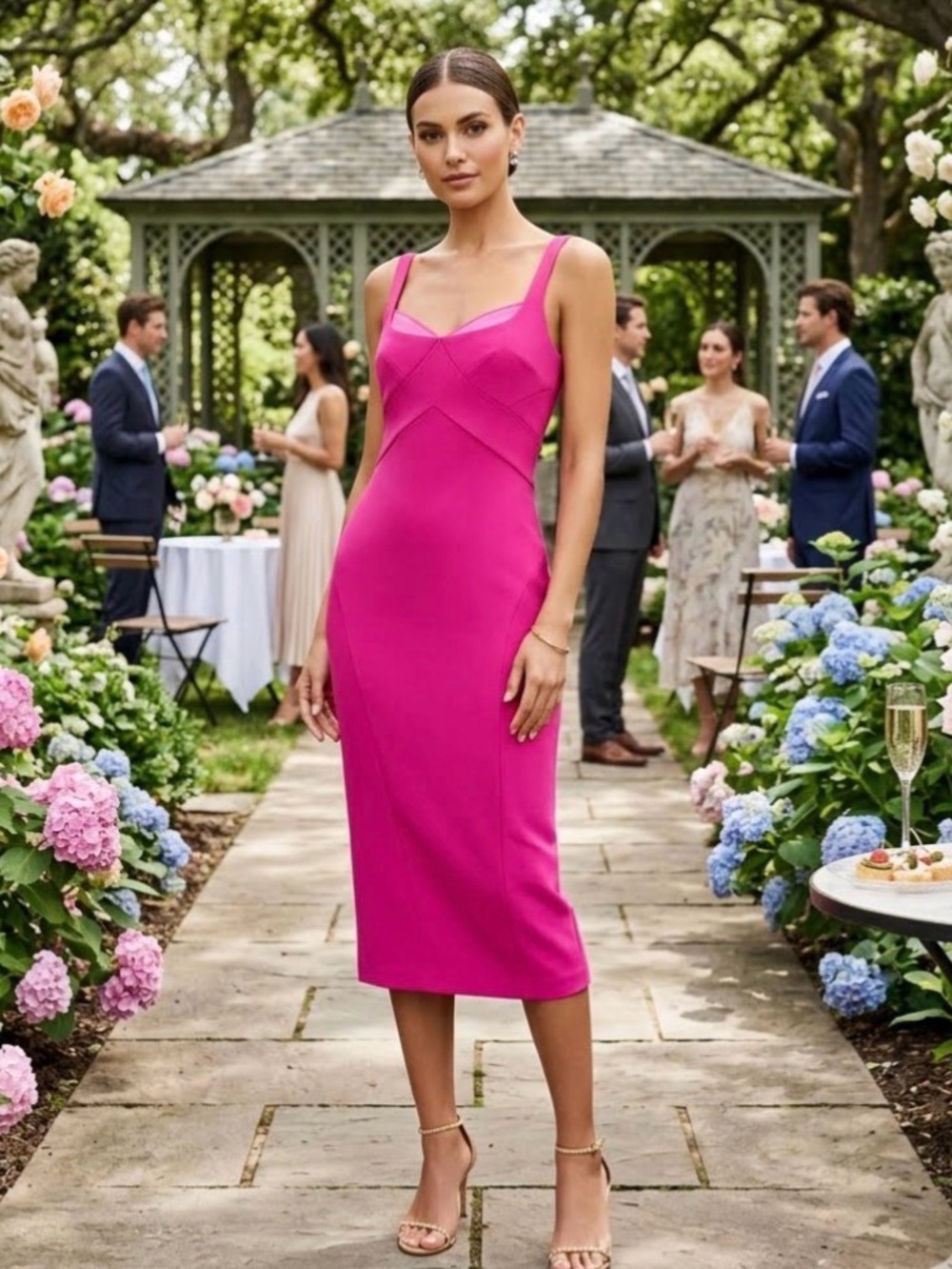 CINQ À SEPT Mies Jolie Hot Pink Midi Dress Silk Trim Bodice 2 MSRP $425